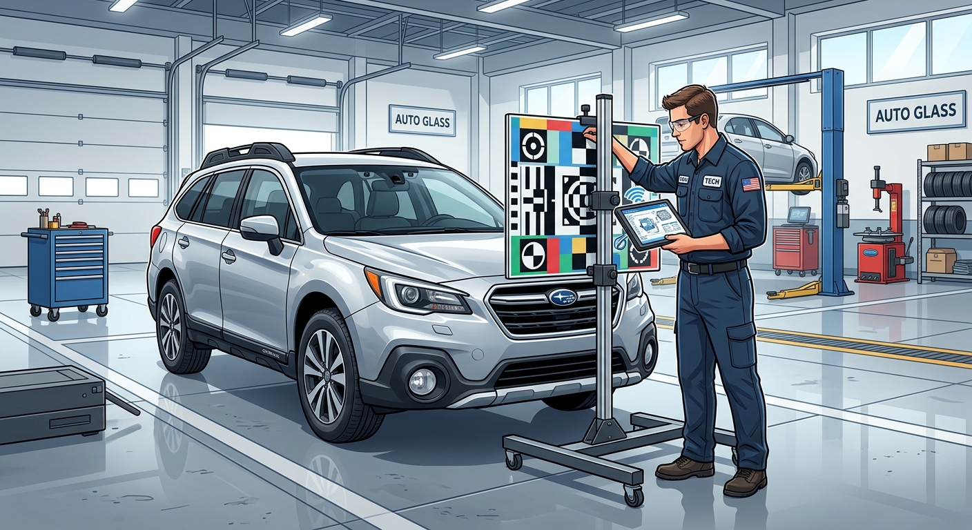 Technician performing ADAS calibration with target board